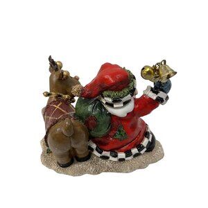 Santa‎ Ringing Bell Holding Gift Bag With Reindeer Figurine Christmas Decor
